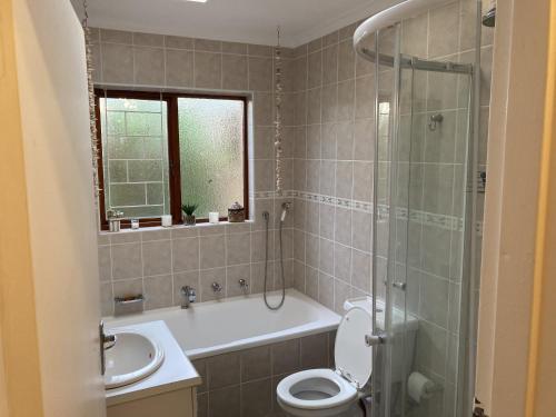 a bathroom with a toilet and a sink and a shower at Paradise in Kommetjie in Cape Town