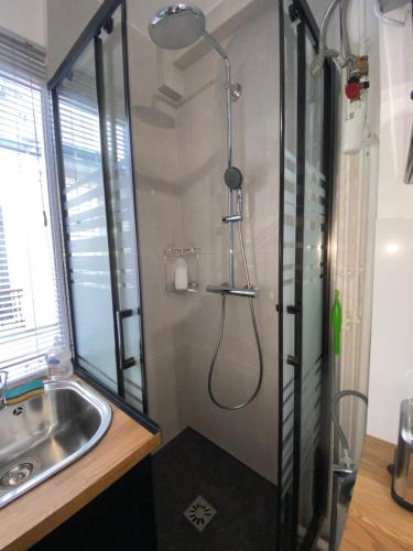 une salle de bain avec une douche avec un lavabo et une douche dans l'établissement Cozy studio Paris 5ème métro Jussieu/Sorbonne, à Paris
