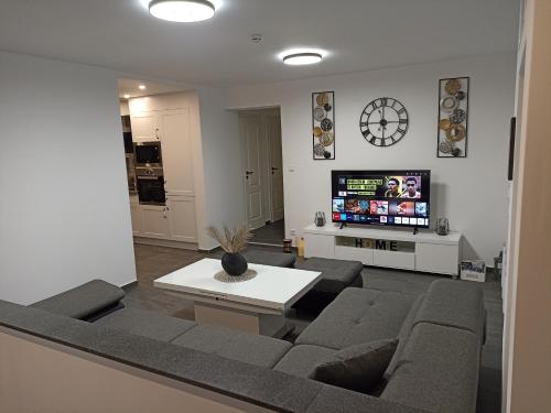 a living room with a couch and a tv at EBS Paradies in Rheinhausen