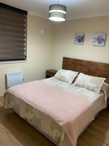 a bedroom with a bed with a pink comforter and a window at Departamento para 5 personas in Villarrica