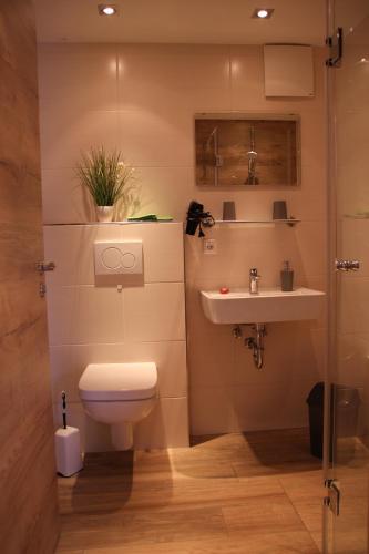 La salle de bains est pourvue de toilettes et d'un lavabo. dans l'établissement Zauberhaftes Gästehaus/Ferienwohnung Am Tiefenbach, à Tiefenbach