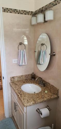a bathroom with a sink and a mirror at Infinity Townhomes at Bagatelle in Saint James