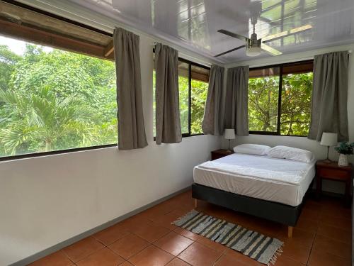 Puerto Soley的住宿－Blue Dream Kite Boarding Resort Costa Rica，一间卧室设有一张床和两个窗户。