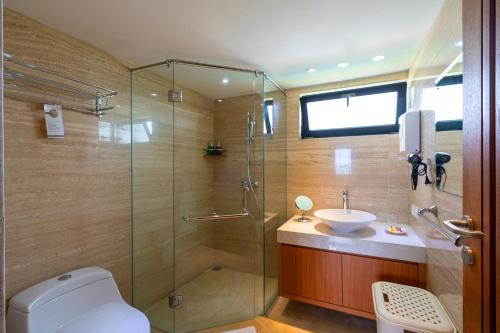 a bathroom with a shower and a toilet and a sink at Moritz Palm Villa in Uluwatu