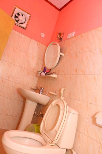 a bathroom with a white toilet and a mirror at Little Heaven in Ella