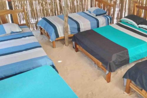 a group of four beds in a room on the beach at Private Cabin in San Blas in Waisalatupo