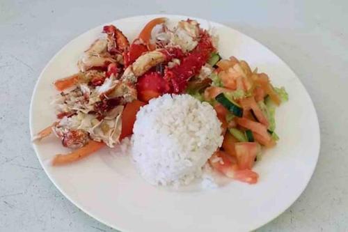 a white plate of food with rice and vegetables at Private Cabin in San Blas Islands - Include meals in Waisalatupo