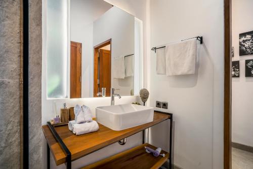 een badkamer met een wastafel en een spiegel bij Villa Three Little Birds by BaliSuperHost in Ubud
