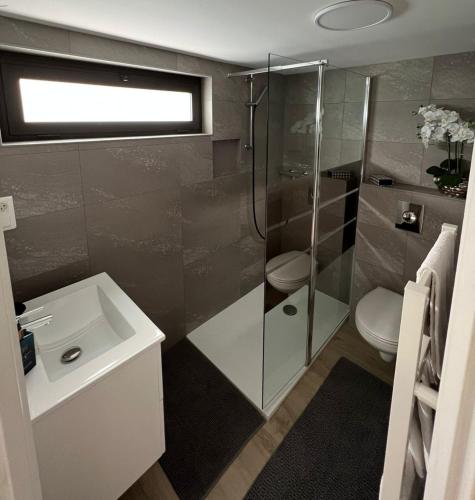 uma casa de banho com um chuveiro, um WC e um lavatório. em Chambres d'hôtes Elcy 
