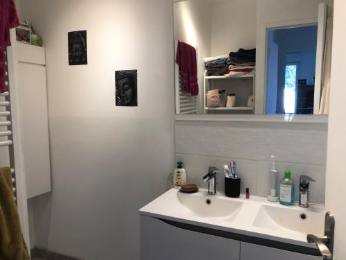 uma casa de banho branca com um lavatório e um espelho em Villa avec Jacuzzi em Saint-Martin-de-Londres