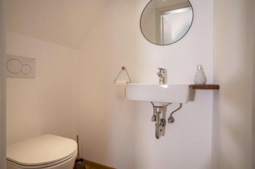a bathroom with a toilet and a sink and a mirror at Seekind in Kressbronn am Bodensee