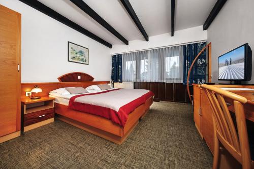 a hotel room with a bed and a television at Hotel Brinje in Zreče