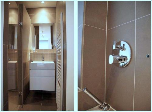 Duas fotografias de uma casa de banho com um lavatório e um espelho. em Residence Ruimzicht - Baddomburg em Domburg