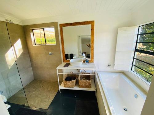 a bathroom with a tub and a sink and a mirror at Caversham Woods in Lidgetton