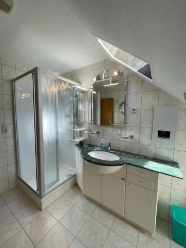 uma casa de banho com um lavatório e um chuveiro em Ferienwohnungen Marianne Lau em Wernigerode