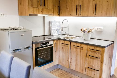a small kitchen with wooden cabinets and a sink at Chalet Liza & Rozi in Zgornja Ložnica
