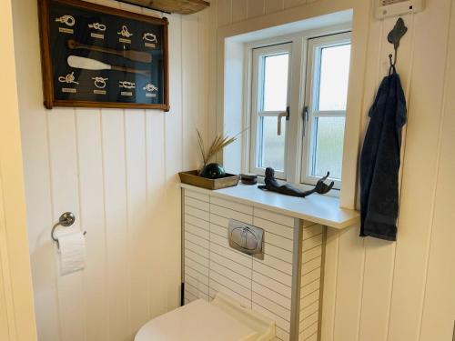 a bathroom with a toilet and a window at Harbour Living in Hvide Sande