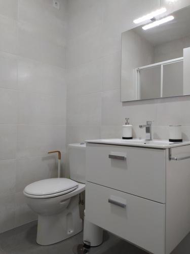 a white bathroom with a toilet and a sink at Excelente piso con aparcamiento privado in Palos de la Frontera