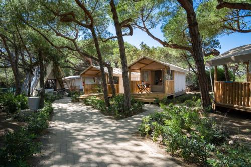 a row of cottages in the woods with trees at Camping Il Capannino Glamping Village in Marina di Bibbona
