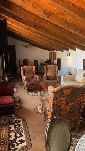 a living room with couches and chairs and a ceiling at CASA RURAL VICENTA 1750 in Albentosa