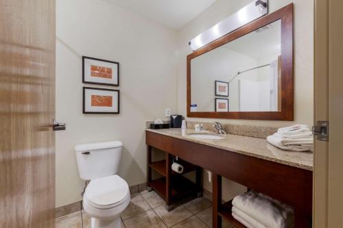 a bathroom with a toilet and a sink with a mirror at Comfort Suites Johnson Creek Conference Center in Johnson Creek