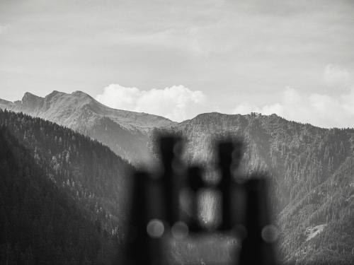 a black and white photo of a view of a mountain at Hotel Garni Larcherhof in Mayrhofen