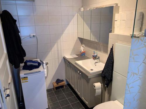 ein Badezimmer mit einem Waschbecken, einem WC und einem Spiegel in der Unterkunft Topp moderne familiehytte på Beitostølen (bygget i 2019) in Beitostøl
