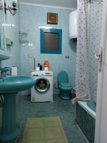 uma casa de banho com uma máquina de lavar roupa e um WC em 1 bedroom apartment in the heart of Cairo , just 15 minutes from the airport em Cairo