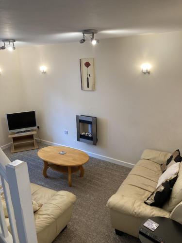a living room with a couch and a table and a tv at The Cridford Inn in Trusham