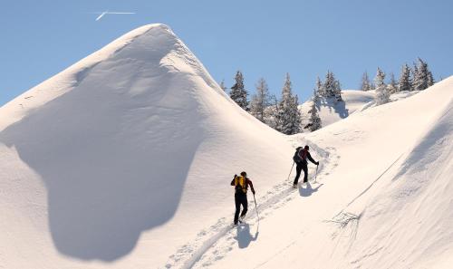 two people skiing down a snow covered slope at Naturhotel Hüttenwirt im Grossarltal in Hüttschlag