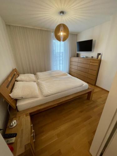 a bedroom with a large bed and a television at Penthouse Wohnung am Radweg mit Dachterasse in Waidhofen an der Thaya