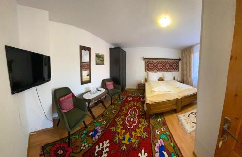 バマにあるPensiunea Casa Bianca - Bucovinaのベッドルーム(ベッド1台、テレビ、ラグ付)