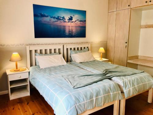 a bedroom with a bed with a blue comforter at The Secret Garden Guesthouse in Swakopmund