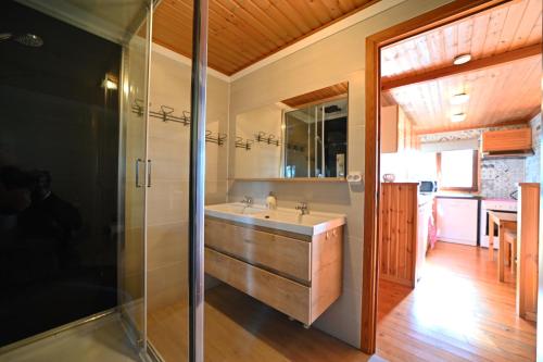 a bathroom with a sink and a shower at Hortensias in Somme-Leuze