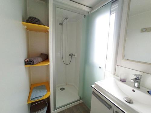 a bathroom with a shower and a sink at Casitas Mobil Home in Villa de Mazo
