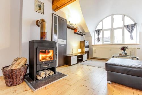 a living room with a fireplace and a couch at Utulny a prostorny podkrovni byt s krbovymi kamny in České Budějovice