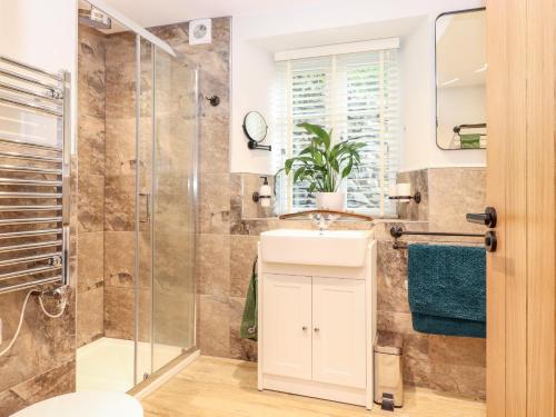 a bathroom with a shower and a sink at Monkey Puzzle Cottage in Sedbergh
