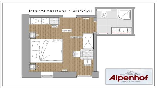 a floor plan of a small apartment with a room at Alpenhof Apartments in Mittersill