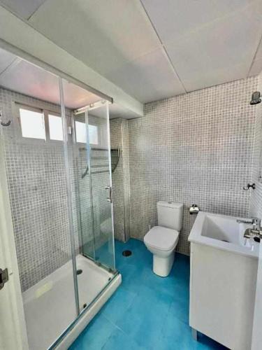 a bathroom with a toilet and a shower and a sink at Hostal Viena Plaza Nueva in Granada