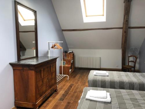 a bedroom with two beds and a mirror at Gite La Vigneronne en Touraine in Saint-Georges-sur-Cher