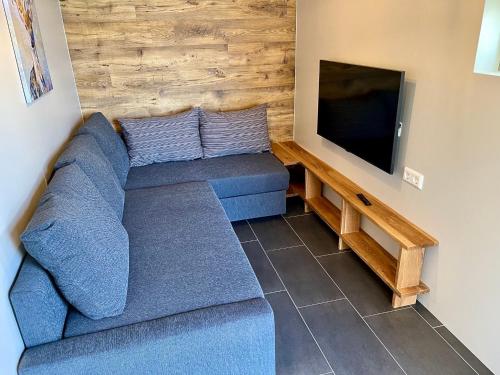 a living room with a blue couch and a flat screen tv at Bakki and Holt in Borgarnes