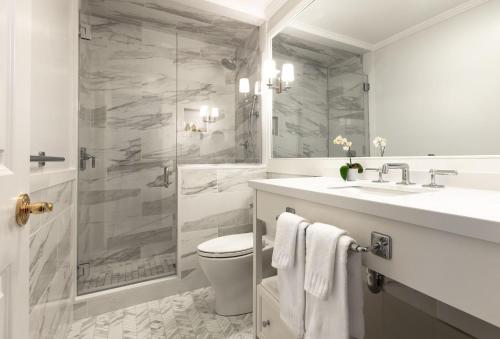 a bathroom with a shower and a toilet and a sink at The Wauwinet Nantucket in Wauwinet