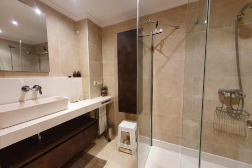 y baño con lavabo y ducha. en Ondartxo - ONGI ETORRI, en Zumaia
