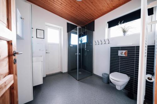 a bathroom with a toilet and a glass shower at Blue View Cabin 6A With private hot tub in Reykholt