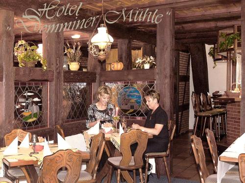 Dos mujeres sentadas en una mesa en un restaurante en Hotel Demminer Mühle, en Demmin