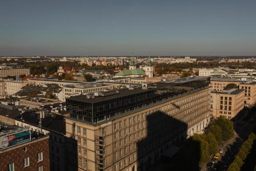 an aerial view of a city with buildings at Hotel Warszawa in Warsaw