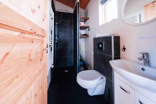 a small bathroom with a toilet and a sink at Blue View Cabin 5B With private hot tub in Reykholt