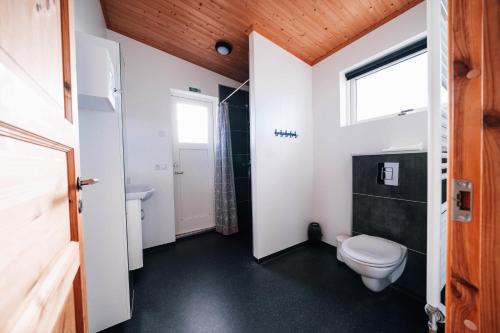 a bathroom with a toilet and a window at Blue View Cabin 3A With private hot tub in Reykholt
