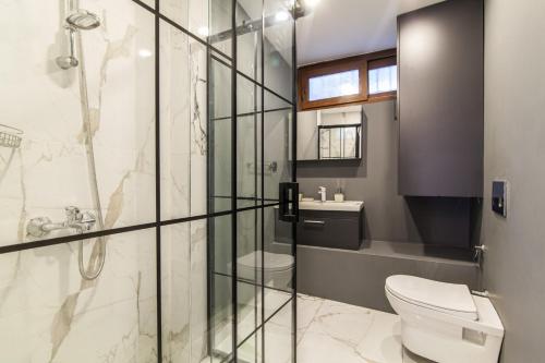 a bathroom with a glass shower and a toilet at Amazin in Istanbul