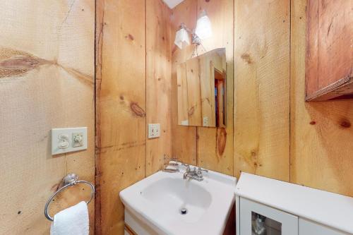 een badkamer met een wastafel en een spiegel bij Bay Road Beach Day in Moultonborough